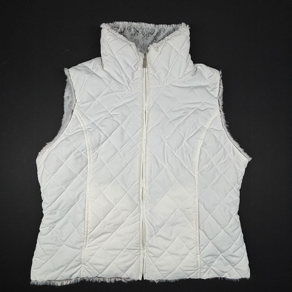 Women's SOFT Faux Fur Reversible Vest Quilted XL Gray White Zip Up Pockets EUC - Picture 9 of 9